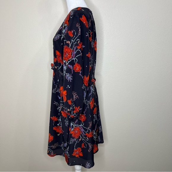 Madewell Navy Blue Windblown Poppies Floral Silk 3/4 Sleeve Ruffle Dress 14 NWT - Picture 7 of 14